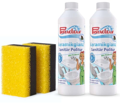 Pastaclean® Sanitärpolitur Keramikglanz (2x 500ml + 2x Polierschwamm) Badreiniger mit Pinienöl - Entfernt hartnäckige Verschmutzungen wie Kalk, Rostläufe & Urinstein