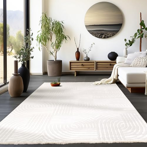 HomebyHome Kurzflor Teppich Wohnzimmer 140x200 cm Creme Modern Skandinavisch Boho Design Einfarbig 3D Effekt Weich Waschbar Pflegeleicht für Schlafzimmer Esszimmer