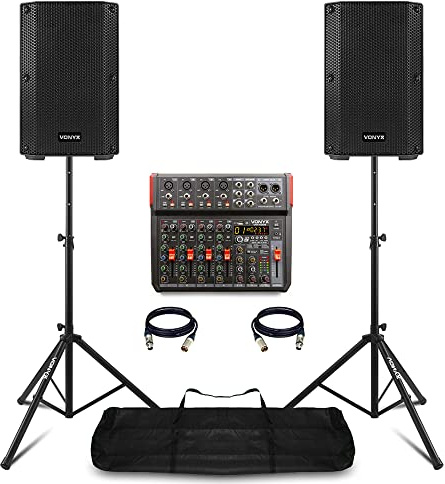 VONYX VSA08BT Complete PA System Package - 2x 8-Inch Active Bluetooth PA Speakers, 8-Channel Mixer with USB Audio Interface, DSP Effects, Stands & XLR Cables for Bands, DJs & Churches