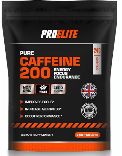 Caffeine 200mg 240 Vegan Tablets | Energy Boost & Exercise Support Pre Workout Weight Loss | Improve Focus & Alertness | Vegan UK Made | Better Than Caffeine Gels Gummies Capsules Pills PROELITE