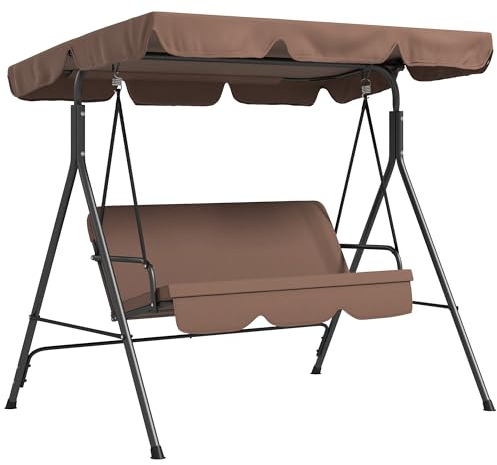 Outsunny Hollywoodschaukel mit verstellbarem Sonnendach, 3-Sitzer Gartenschaukel mit Anti-Rutsch-Füßen, wasserabweisend Schaukelbank belastbar bis 200 kg, für Garten, 172x110x153cm, Braun