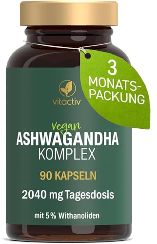 VITACTIV Ashwagandha Komplex - 90 Kapseln (3 Monate) - Indische Schlaf Beere, Hochdosiert mit 2040mg pro Tagesdosis, 5% Withanolide - Plus Vitamin B1 - Vegan, Laborgeprüft in Deutschland