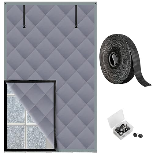 Nkiy Quen 3 Layer 63 x 39 Inches Winter Insulated Window Cover-Oxford Thermal Insulated Window Blanket with Fastener-Gray Window Insulation Kit for Winter Keeping Warm