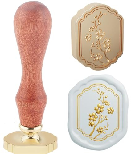 Hobbspring Vintage Blume Wachs-Siegel-Stempel 3D Plum Blossom Sealing Wachs-Stempel 23.5x23.2mm Orientalismus Rahmen Ansicht abnehmbaren Messing Stempelkopf für Einladung Dekor Zurück zur Schule