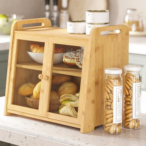 AMBIRD Bamboo Bread Bin 20L - Large Capacity with Clear Acrylic Doors - Double Layer Food-Safe Bread Storage, featuring Air Vents and Side Handles - Keeps Bread Fresh and Counter Clutter-Free