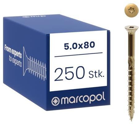 Marcopol Holzschrauben mit Senkkopf 5 x 80 mm 250 Stück TX25 | Gelb Verzinkt Senkkopfschrauben mit TX Antrieb - Schrauben mit Frässpitze, Schneidkerben, Aufbohrfräse