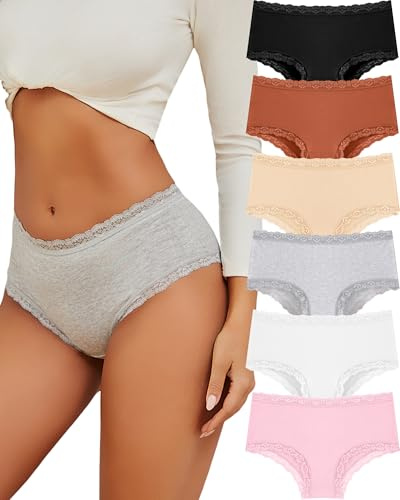 ALL OF SHE Pack de 6 Bragas Mujer Algodon Ropa Interior Mujer Braguitas Brasileñas Encaje Sexy De Talle Medio Transpirables Pack Múltiple XL
