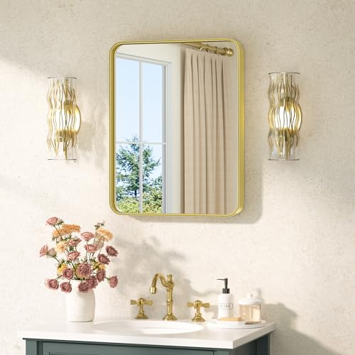 TETOTE 40x50cm Wandspiegel Gold Ohne Beleuchtung, Rechteckig Badspiegel mit Runder Ecke, Metallrahmen Badezimmer Spiegel für Waschbecken, Gehärtetes Glas Dekorative Spiegel