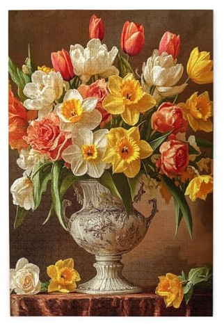 Liorosa Garden In A Vase Puzzle de 1000 pièces pour adultes, pétales de tulipes et fleurs de narcisse dans un vase classique, puzzle en bois stimulant botanique et floral, défi pour vous-même
