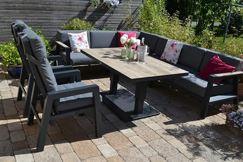 bomey Ecklounge Lucia mit verstellbarem HPL-Terrassentisch 150 x 90 cm und verstellbaren Hochlehner-Stühlen - Wetterfeste Gartenlounge Outdoor & Indoor
