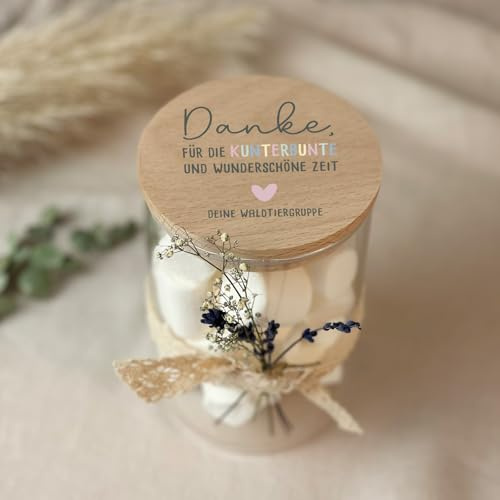 Vorratsglas personalisiert mit Holzdeckel – Abschiedsgeschenk Lehrerin Erzieherin – Glas mit Namen & Motiv – Danke Geschenk Schule Kita Danke 880 ml / 1210 ml (Kunterbunte Zeit - Druck, 1210 ml)
