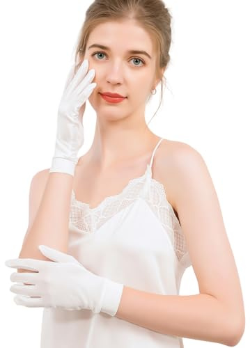 HSTWODE 1Stück Seidenhandschuhe, Stoffhandschuhe aus Seide, Trikot, Weiche Schutz, 7 Farben Für Halloween,Opern,Satin Gloves Short