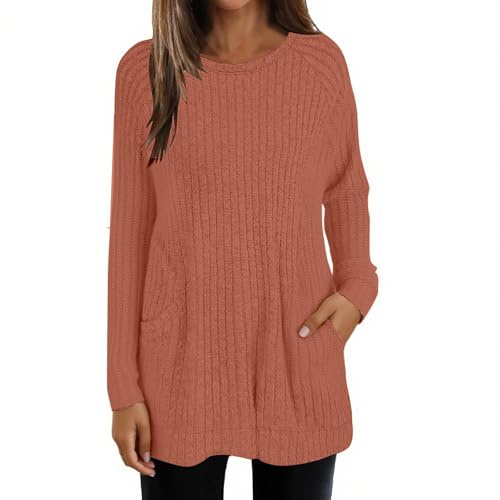 Longline Jumpers for Women UK Plus Size Long Sleeves Womens Chunky Knit Jumpers Lightweight Loose Crew Neck Tops Winter Warm Pullover Sweaters Solid Color Casual Tunic Tops with Pockets