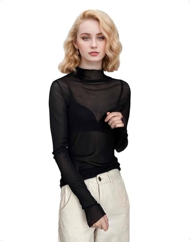 EMOTTOS Donna Top Trasparente in Pizzo Mesh, Sexy Manica Lunga con Volant Collo Alto Slim Fit Elastico Maglietta, Y2K Abbigliamento Club Autunno Inverno per Club Tee, Nero, Taglia Unica