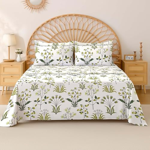 EverSoft Bedding 100% Egyptian Cotton Flat Sheet Small Double Bed, 400 Thread Count Soft Cooling Floral Design Top Sheet, Luxury Flower Print Bed Sheet - Fern Green
