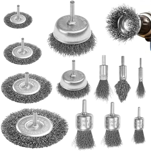 KELAV Set 12 Pezzi Spazzole per Trapano Professionale,Spazzola in Acciaio per Rimozione Ruggine e Vernice, Sverniciatore Metallo/Ferro con Attacco 1/4 - Kit per Pulizia Industriale e Fai-da-Te
