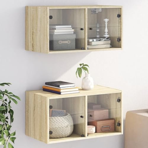 QJBSAVVA Set 2 Wandschränke mit Glastüren Sonoma-Eiche 68,5x37x35 cm Langlebiger Holzwerkstoff mit hoher Stabilität Modernes Design für Wohnzimmer Büro Flur und Schlafzimmer