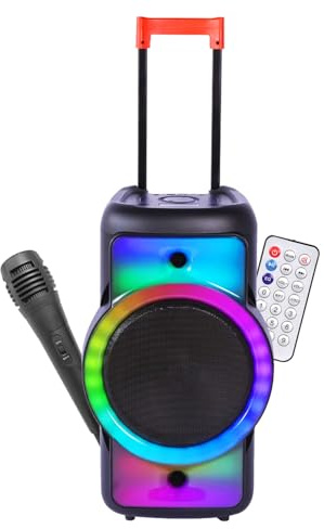 Fontastic Party Lautsprecher Rokka - tragbarer Trolley-Bluetooth Lautsprecher mit USB-Wiedergabe, AUX, MicroSD, LED-RGB Lichteffekten & Aufnahmefunktion - Karaoke Box mit Mikrofon - Schwarz