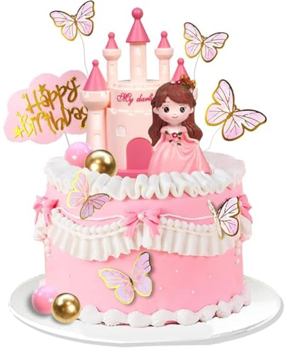 Shamoparty 19 Accesorios Para Tartas De Princesa, Artículos Temáticos De Princesa, Fiesta De Cumpleaños Para Niñas, Bautizo, Artículo De Mariposa De Castillo, Decoración Rosa Y Dorado