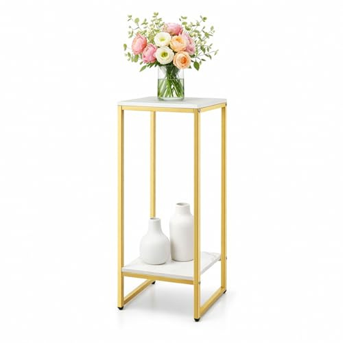 EVERGOODS 30 Inch Tall Plant Stand Indoor, 2 Tier Metal Plant Stand with Marble Effect Shelves, Modern Square Plant Pot Holder for Living Room, Bedroom, Balcony & Corner Spaces