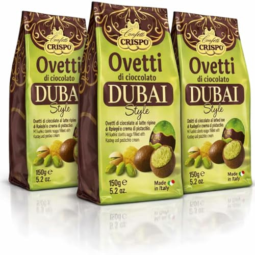 3 x Ovetti di Cioccolato Dubai Style – Uova di Cioccolato Ripiene con Crema al Pistacchio Croccante – Specialità Dolce Made in Italy – 3 Buste da 150 g (Totale 450 g)