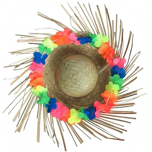Latemeia Sombrero mexicano, sombrero mexicano con flores de colores, gorra de paja tejida a mano para hombres y mujeres, fiesta, decoración temática hawaiana, sombreros