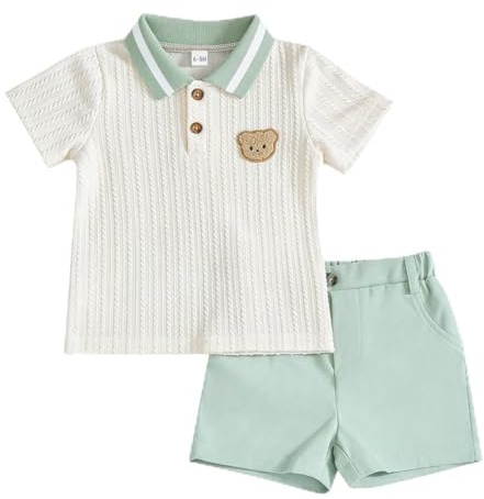 LUVCES Sommarkläduppsättning för spädbarn och barn, en söt polotröja med björn + elastisk midja shorts och fickor 2 delar kostym kostym vårkläder, A: Grön, 6-9 M�nader