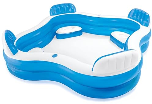Family Inflatable Lounge Pool Square Paddling Pool with 4 Built-In Seats, Backrests and Drink Holders, Large Outdoor Garden Swimming Pool for Adults and Kids, 229 x 229 x 66 cm
