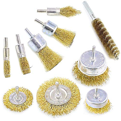 Wire Brushes drills set 10 pcs,Brass Coated Wire Brush Wheel , Cup Brush and Tube Brush Kit,10 Sizes Metal Brushes with 1/4 Inch Shank for Cleaning Rust ,Removing Paint and Cleaning Wood (gold)