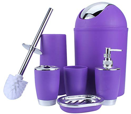 GOTOTOP Juego de 6 accesorios de baño de plástico, dispensador de jabón, vaso,botella de loción, soporte para cepillo de dientes, taza de jabón, cepillo de inodoro, papelera (morado)
