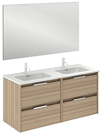 AMIZUVA | Conjunto de Mueble de Baño Suspendido Suki con 4 cajones | Anchura 120 cm | Incluye 2 Lavabos Cerámicos y Espejo| Acabado en Nogal Arenado| Muebles de Baño con Lavabo y Espejo