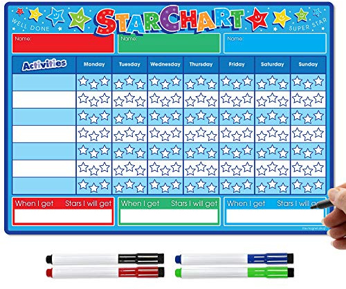 The Magnet Shop Belohnungstafel, magnetische Sternkarte zum Erkennen und Anregen von gutem Verhalten bei Kindern, inklusive 4 magnetischen, trocken abwischbaren Stiften für Kinder (blau, klein)