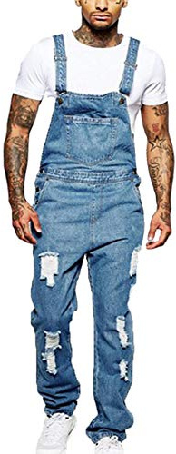 cffvdiz Salopette da Uomo in Denim Hole Pants,Blu,S