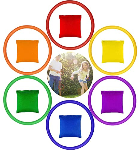 Toss Game Sets, 6Pcs Nylon Bean Bags & 6Pcs Plastic Toss Rings, Multicolor Fun Throwing Carnival Favor Game Party Supplies Family Sports for Kids Teens Adults Indoor Outdoor Yard