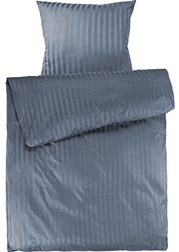 Pure Label Mako Satin Damast Streifen Bettwäsche 135x200 80x80 blau | Waschbar bis 60°C, Reißverschluss - Atmungsaktiv & Anti-Pilling