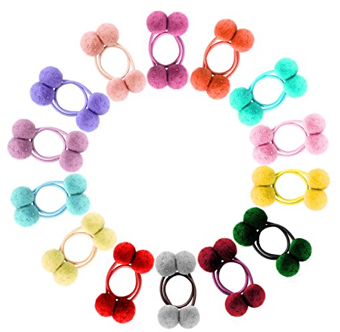 Yolev 28 Pcs Pom Pom Hair Ties for Girls Hair Band Fur Ball Fluffy Ponytail Holders for Women Girl Kids Hair Accessories
