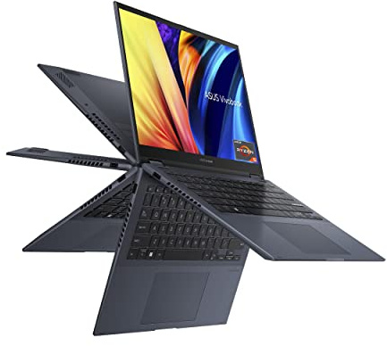 ASUS Vivobook S 14 Flip 14 WUXGA 16:10 Touch, Processeur AMD Ryzen 5 5600H, 8 Go de RAM, 512 Go SSD, pavé numérique, empreintes digitales, Windows 11 Home, bleu silencieux, TN3402QA-AS54T