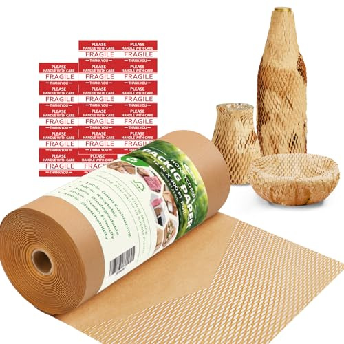 Honeycomb Packing Paper, 12 x 400' Honeycomb Cushioning Wrap Roll for Moving Shipping Packaging Gifts, Recyclable Honeycomb Paper Bubble Paper Wrapping with 20 Fragile Sticker Labels