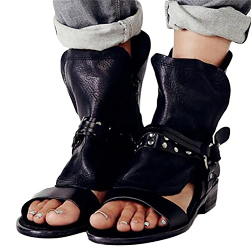 Minetom Sandali Donna PU retrò Romano Gladiatore Piatto Sandali Estivi Piatti Scarpe da Spiaggia Open Toe Stivaletti A Nero 38 EU