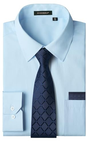 HISDERN Chemise Bleu Clair Homme Manches Longues Formelle Chemises Business avec Cravate Habillée Chemise Mariage Casual avec Poche Regular M