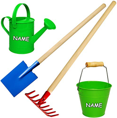 alles-meine.de GmbH 4 TLG. Set: Kinder Eimer + Gießkanne + Spaten/Schaufel + Rechen/Harke - inkl. Name - aus Holz & Metall - grün & bunt - 80 cm lang - stabile Gartengeräte /..