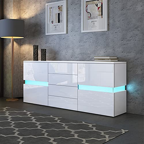 Senvoziii Sideboards for Living Room 2 Doors 4 Drawers White High Gloss TV Cabinet Cupboard Unit for Bedroom Dining Room Storage Furniture 177 x 72 x 35cm