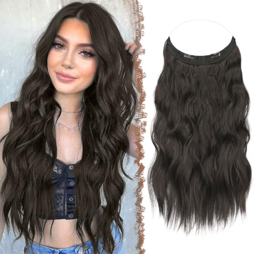 FESHFEN Secrets Haare Extensions Lange Gewellt Natürliches Schwarz Haarverlängerung Invisible Secret Haarextension Synthetik Hair Unsichtbarem Haarteile für Frauen 50 cm