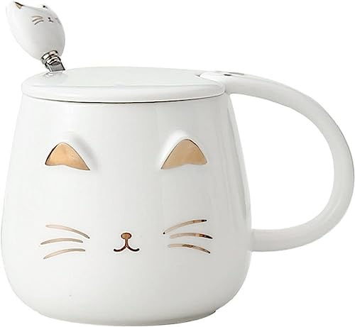 lachineuse Kawaii kattmugg 450 ml - kattmugg med lock och sked - vit och guld keramisk färg - kaffe- te infusionsmugg - original japansk mugg - presentidé Japan asiatisk kattunge söt