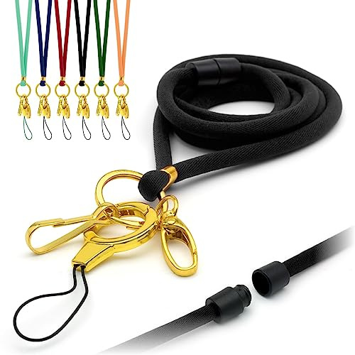 Black Nylon Cord Lanyard Soft Comfortable with Safety Breakaway, Includes Gold Design O-ring, Loop Clip and Two Metal Clips, ID Badge Holder Thin Rope Neck Strap by LanyardsTomorrow - Single 1pc