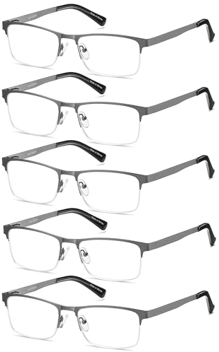 EYECEDAR 5-Pack Reading Glasses Men Metal Half Frame Spring Hinges Gunmetal Rectangular Style Eyeglasses Readers 1.50