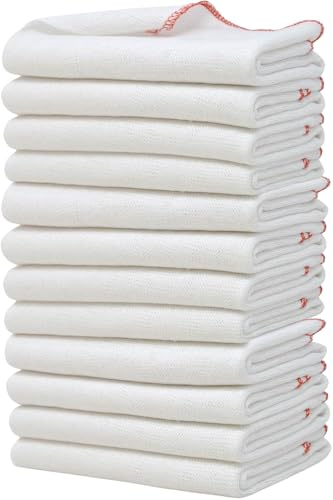 Towelogy Jumbo Dish Cloths for Washing Up | Cotton Set of 12-38 x 45cm (White/Red Edges)