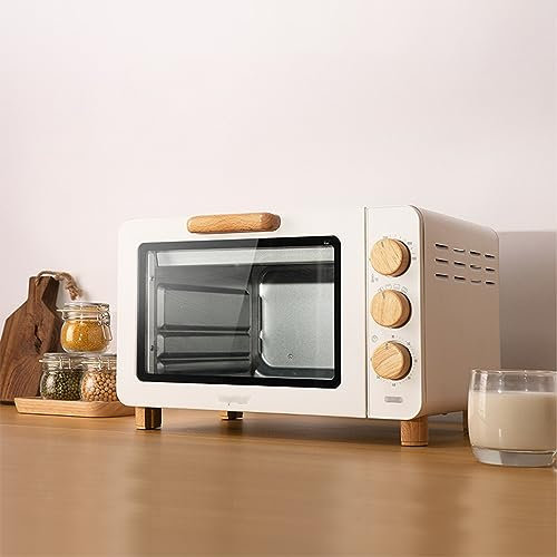 Mini Forno 15 Litri,100-230℃,Timer 0-60 Minuti,Finestra di Vetro Spia + Luce Forno Integrata e Manopola in Legno,Bianco