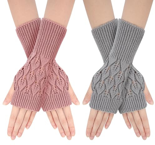 Newellsail Fingerlose Handschuhe Winter Warme Halb Fingerhandschuhe mit Daumenloch Winterhandschuhe Wärmer Strick Kurzer Gestrickte Fingerlose für Damen Mädchen 2 Paar (Hellgrau & Dunkelpink)