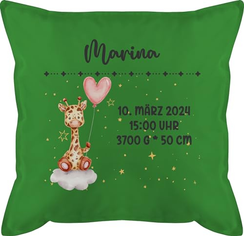 Kissen 50x50 - Geburtsgeschenk Giraffe Datum Uhrzeit Gewicht Größe I Geschenk zur Geburt personalisiert - 50 x 50 cm - Grün - geburtskissen namenskissen Baby neugeboren Giraffen kopfkissen